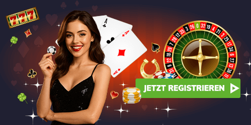 Spielerin vor Roulette und Karten mit grünem Registrieren Button