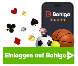Smartphone mit Bahigo Startseite und Sportbällen über dem Login Button