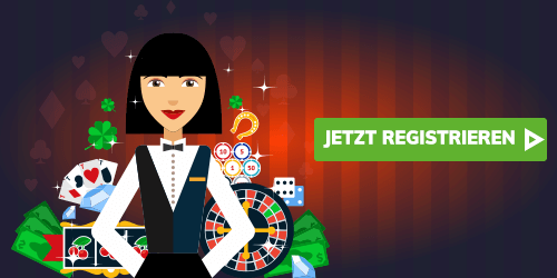 Casino Krupierin mit Spieltisch und grünem Registrieren Button